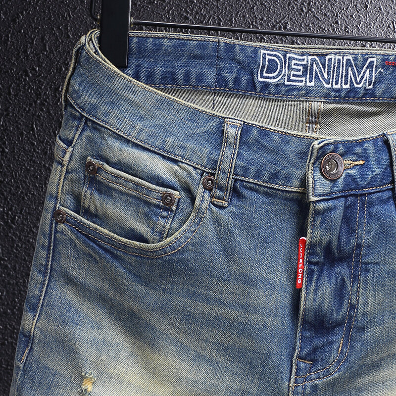 Jeans rasgado lavado retrô masculino, calça elástica justa, calça jeans vintage, azul, de alta qualidade, estilista