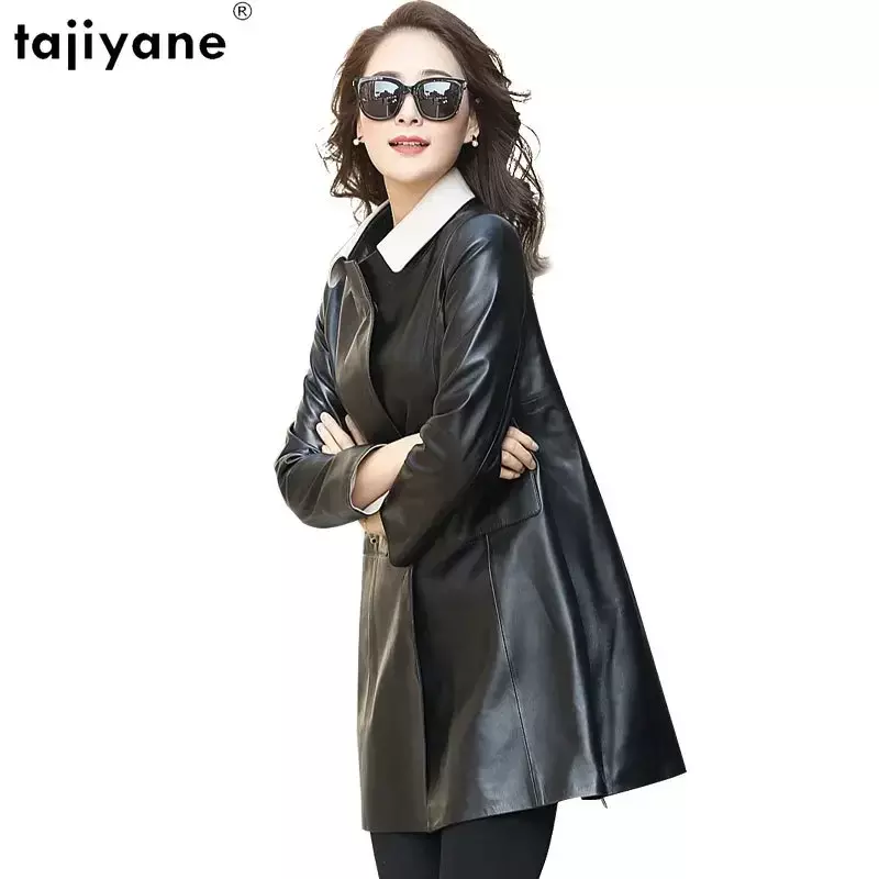 Tajiyane 100% Real Sheepskin Leather Trench Coat for Women Fall Winter Elegant Leather Jacket Mid-length Chaqueta De Cuero Mujer