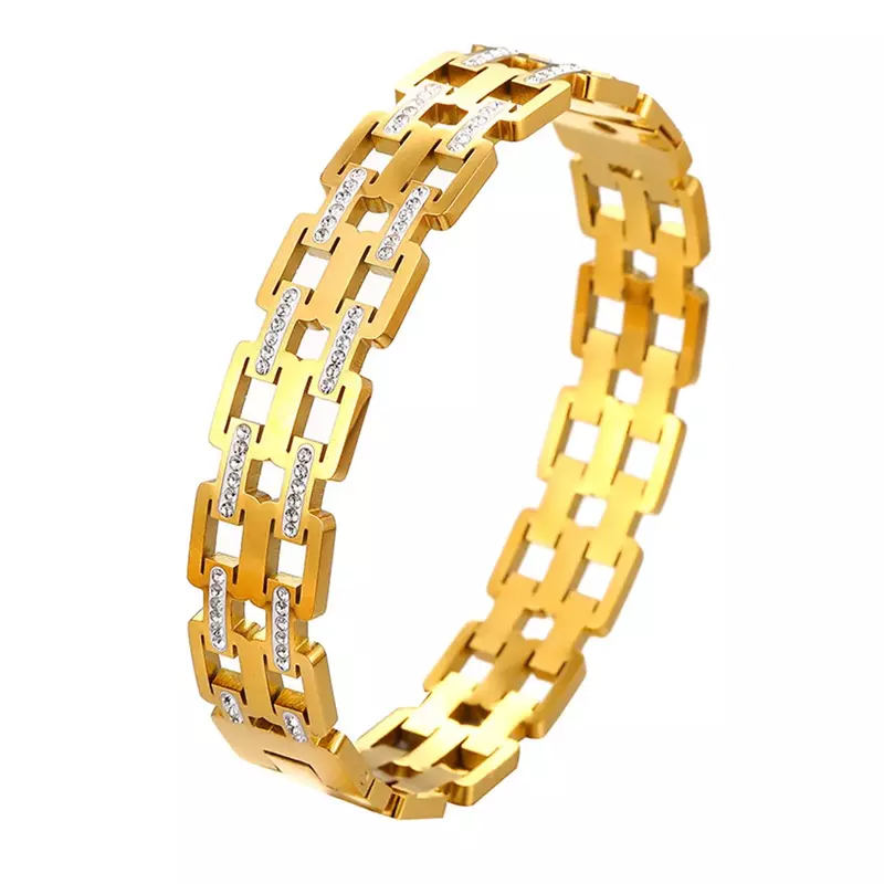 Trendy Stainless Steel Gold Color Rhinestones Double Layer Bangles Bracelet for Women New 18K Gold Plate Jewelry Pulsera