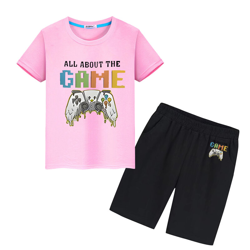 Kawaii 100%Cotton T-shirt gamepad printing Sports Sets Cute Tees Summer Tshirts Tops+shorts boys girls clothes kid holiday gift