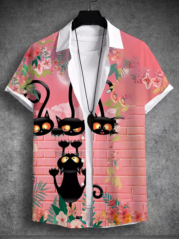 2024 Summer Men's Shirts Art Cat Graphic 3D Print Simple Shirts Short Sleeved Tops Streetwear Loose Casual Hawaiian Shirt