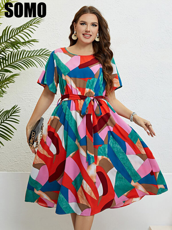 SOMO Plus Size Women Summer Dress Short Sleeve Elegant High Waist Bandage Waist Stitching Color Dress Wholesale Dropshipping