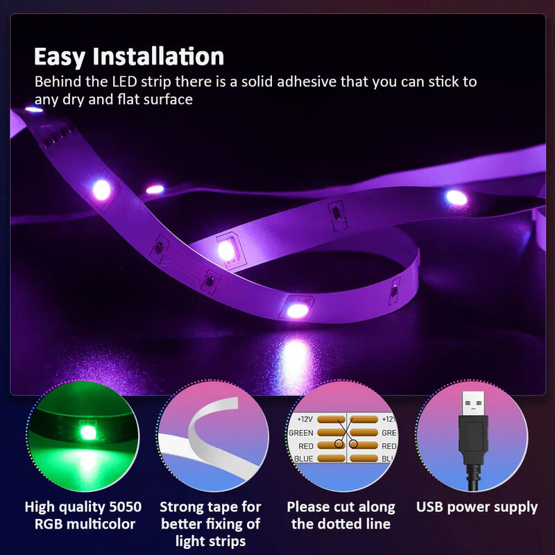 LED Strip Light RGB 5050 5V 3-Key Control Color Changing Light Strip Suitable For Room TV Decoration 16 Million RGB Colors