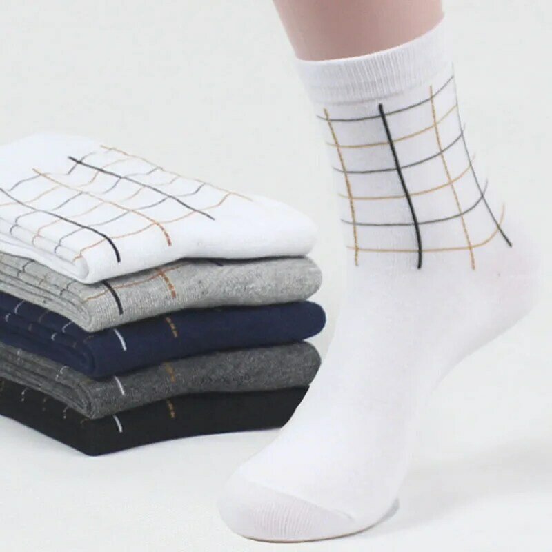 5 Pairs Men Spring Autumn New Men's Mid Tube High-quality Business Casual Checkered Warm Wear-resistant And Odor Resistant Socks