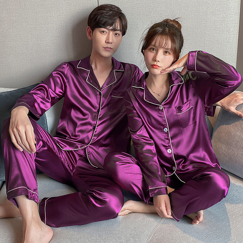 Conjunto de pijama de satén para hombre, ropa de dormir de manga larga, pantalones Pj de talla grande, de seda, para pareja
