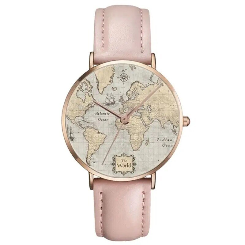Relógio de ouro rosa feminino, pulseira de couro, mapa múndi, moda