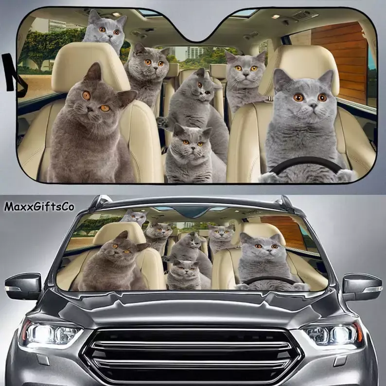 British shorthair cat Car Sun Shade, Cats Windshield, Cats Family Sunshade, Cat Car Accessories, Car Decoration, Gift For Dad, M