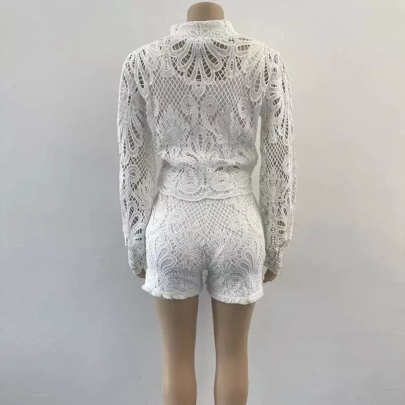 KEXU Lace Embroidery Hole Two 2 Piece Set for Women Beach Outfits Long Sleeve Tops and Shorts Matching Set Sexy Tracksuit