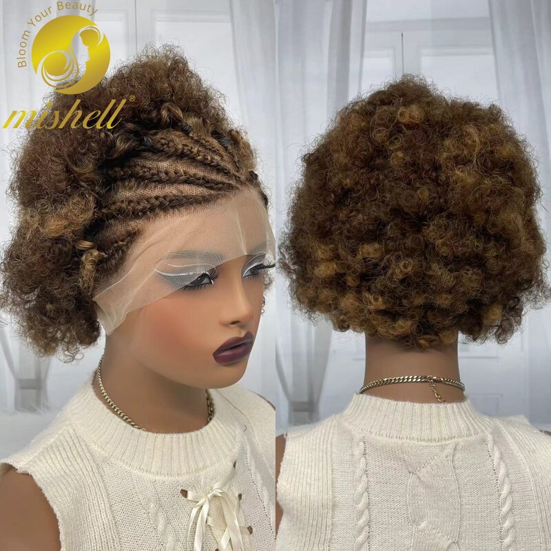 Perucas de cabelo humano em renda transparente para mulheres, peruca curta encaracolada com tranças pré-arrancadas, afro-kinky, densidade de 200%, 6 cm 13x4