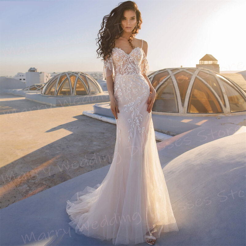 Женское свадебное платье-Русалка It's yiiya, белое кружевное платье на тонких бретельках с винтажной аппликацией на лето 2024