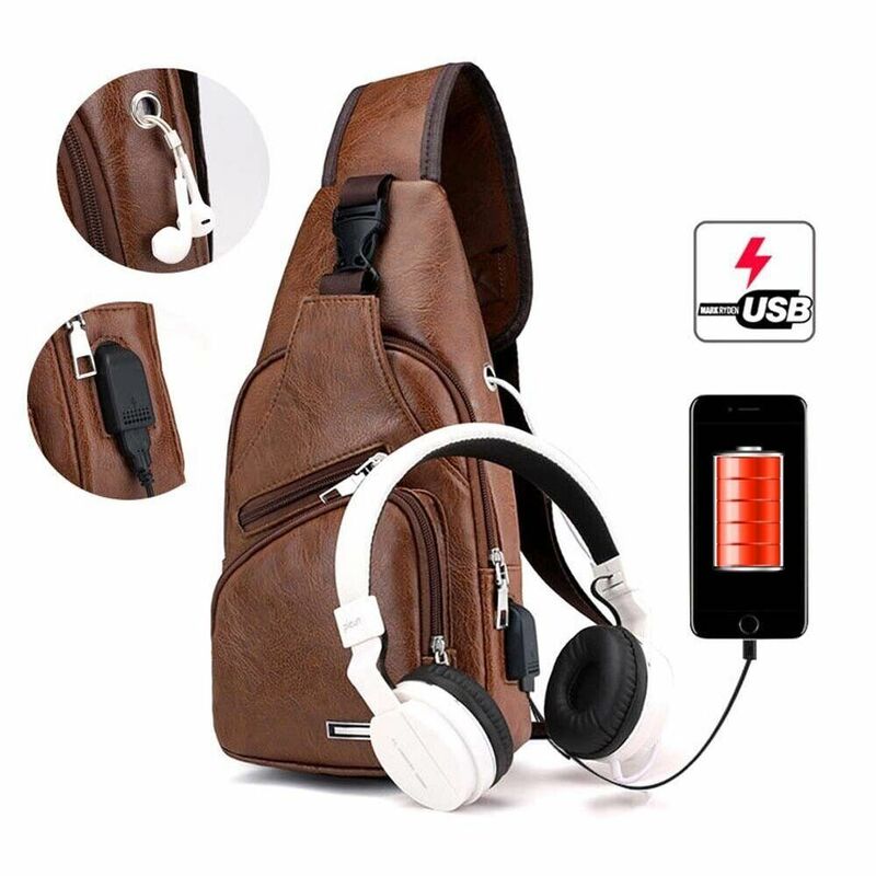 Alça de ombro única ajustável para homens, bolsa no peito com furo para auscultadores, bolsa crossbody, estilinete de carregamento USB