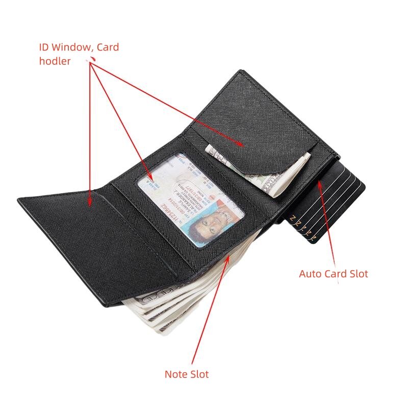 กระเป๋าสตางค์ผู้ชายแบบกระเป๋าเก็บบัตรอัตโนมัติหนัง PU สีดำ, กระเป๋าเก็บบัตรแม่เหล็ก RFID สำหรับนักธุรกิจชายแบบลำลอง