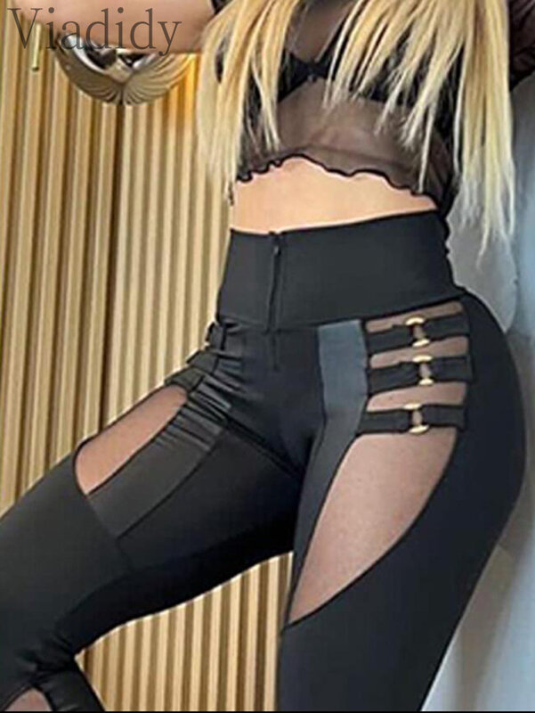 Kobiety Sexy jednolity kolor O-Ring wystrój przezroczysta siateczka spodnie ołówkowe z łączonego materiału