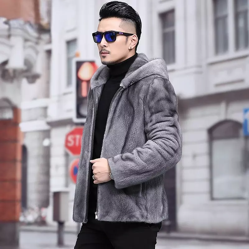 Ayunsue real casaco de pele de vison quente jaqueta de inverno com capuz casaco de pele de vison curto jaquetas e casacos masculinos sobretudo sgg