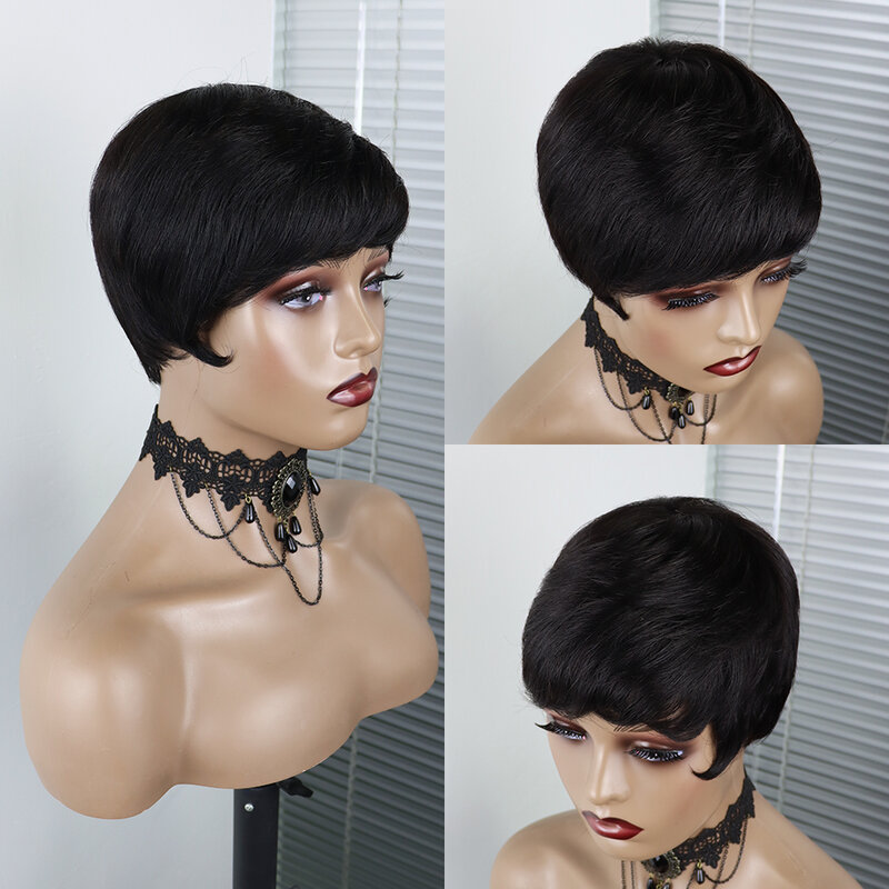 Pelucas de cabello humano para mujeres negras, pelo corto recto con corte Pixie, hecho a máquina con flequillo, barato, sin pegamento, Color Natural