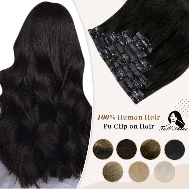 Full Shine Seamless Clip em extensões de cabelo humano, Pure Color Loiro, PU Clip na Máquina, Remy, Trama da pele, 100g, 8Pcs