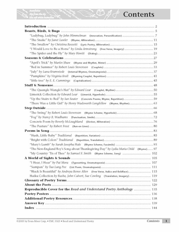Evan-Moor-Libro de trabajo de lectura y comprensión de poetrías, grados 2-3, 5, 6, 7, 8 años, libro en inglés 9781557999917