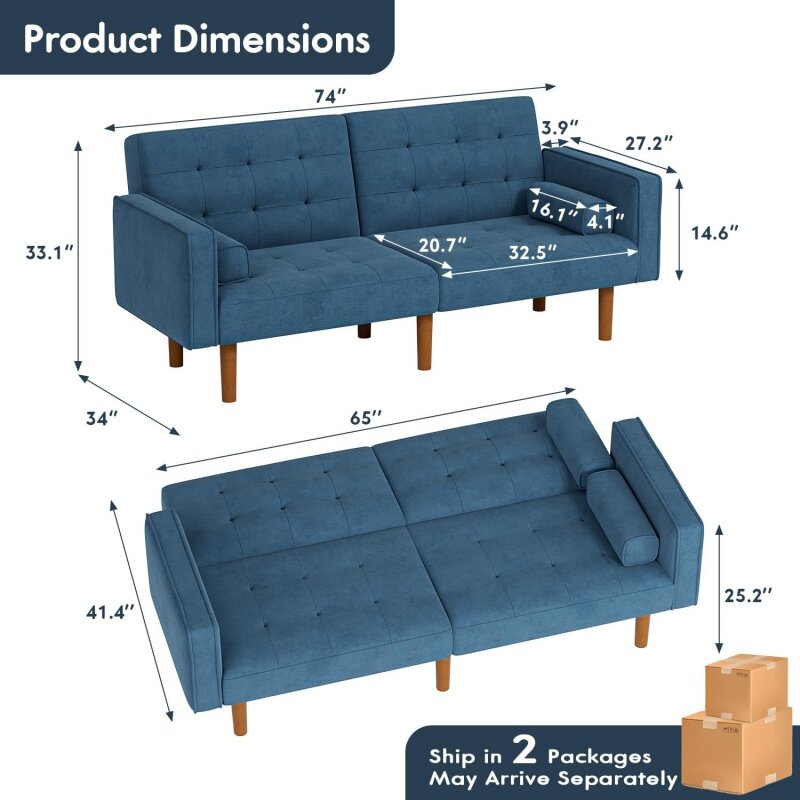 YESHOMY Futon Sofa Bed Convertible Sectional Sleeper Couch, Splitback Loveseat with Tapered Legs, 74", Small Lounge for Living R