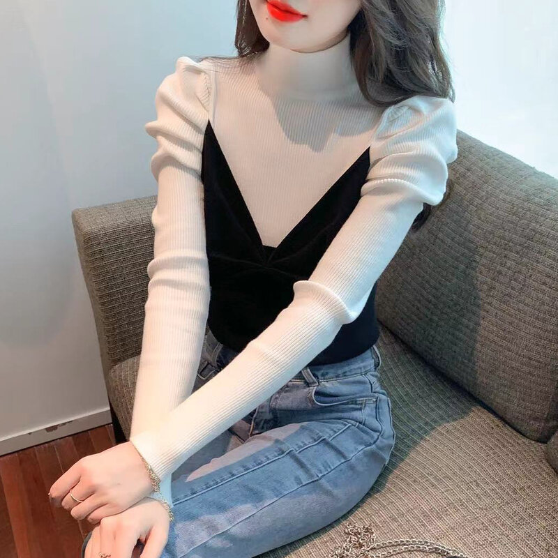 Fashion Korea pakaian wanita elegan disambung palsu dua potong kontras pullover Sweater wanita musim gugur musim dingin manis Knitwear atasan