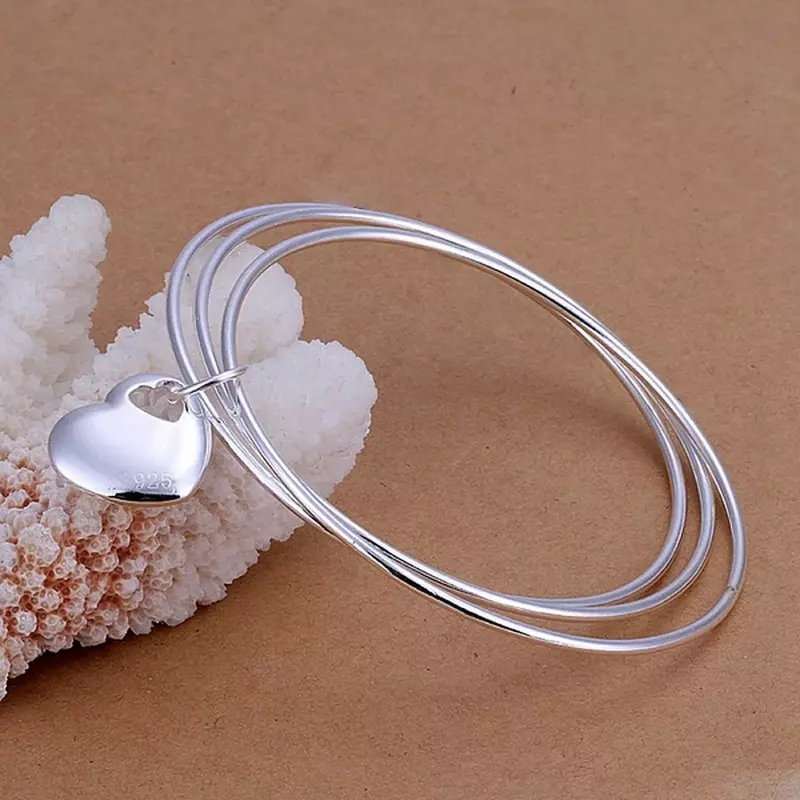 Favorite Valentine's Day Gift Fashion Silver Color Jewelry Wedding Round Circle Hanging Heart Bracelet Bangle Lady Girl