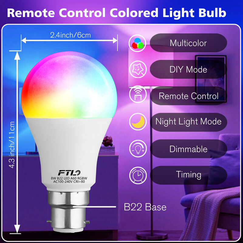 LED Color Changing Light Bulb with Remote Control 60W Equivalent RGBW Bulbs 8W Dimmable E26/B22 A60/A50 2700K-6000K