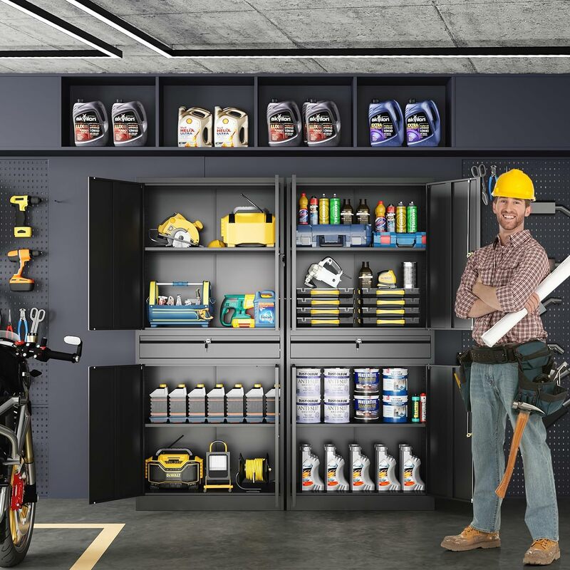 Yizosh-armario de almacenamiento de garaje de Metal con puertas de bloqueo y estantes ajustables, armario de almacenamiento de herramientas con 1 cajón-71 "de acero Lo