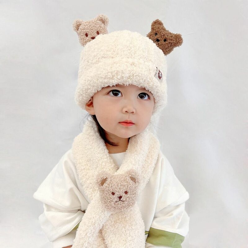 만화 곰 아기 겨울 모자 스카프 세트, 귀 보호, 따뜻한 봉제 스카프, 두꺼운 니트 모자, 아기 선물