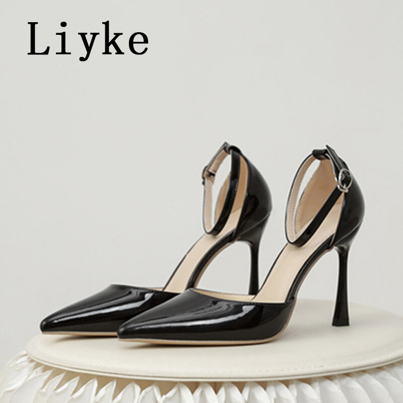 Liyke-Bombas de couro envernizado de alta qualidade para as mulheres, sexy dedo apontado, fivela cinta, saltos Stiletto para senhoras, sandálias Slingback