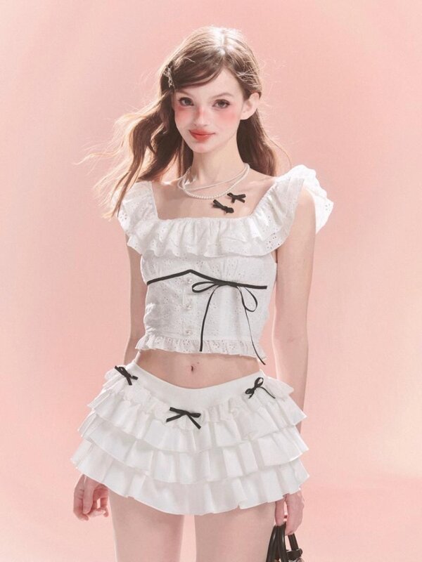 QWEEK kokietka Y2k Kawaii śliczne ciasto falbany biała spódnica kobiet 2024 kokardka szczupła spódnica moda wiosna lato