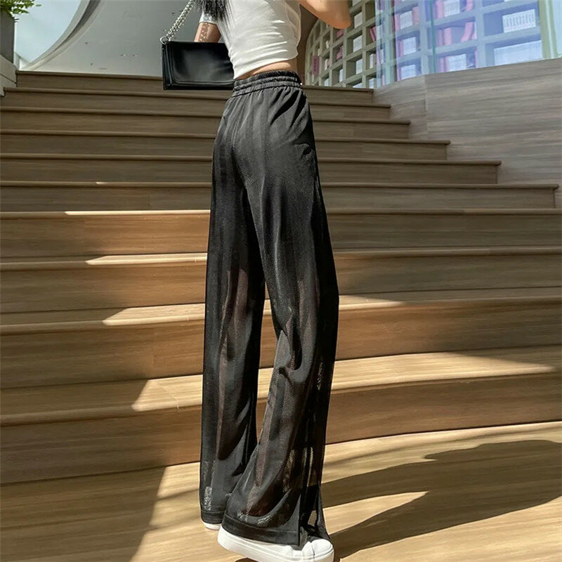 Moda coreana de seda gelo calças largas femininas verão 2023 tthin baggy calças de cintura alta senhoras dividir casual malha calças retas