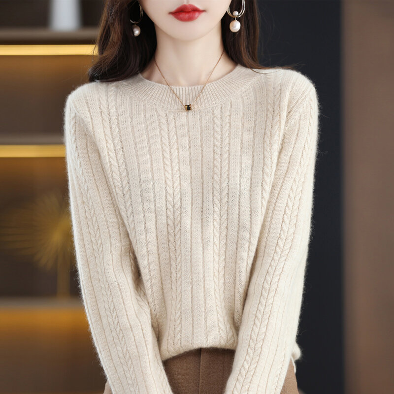 100% pure wool O-neck twisted flower women's pullover high-end cashmere sweater warm knitted long sleeves in autumn and winter