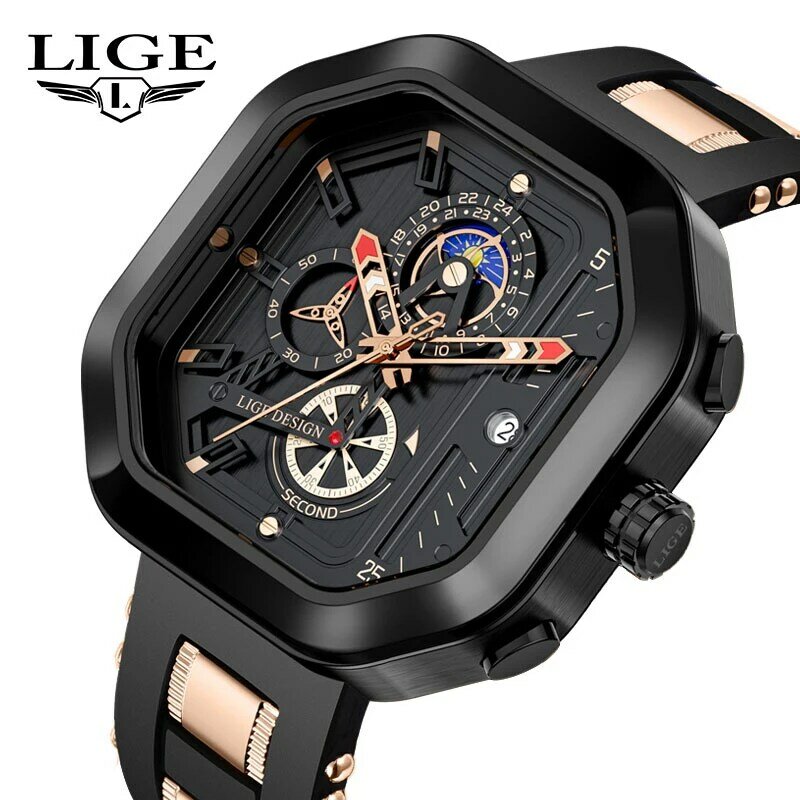 Lige-男性用防水シリコンクォーツ時計,クロノグラフ腕時計,トップブランド,オリジナルスポーツ,男性