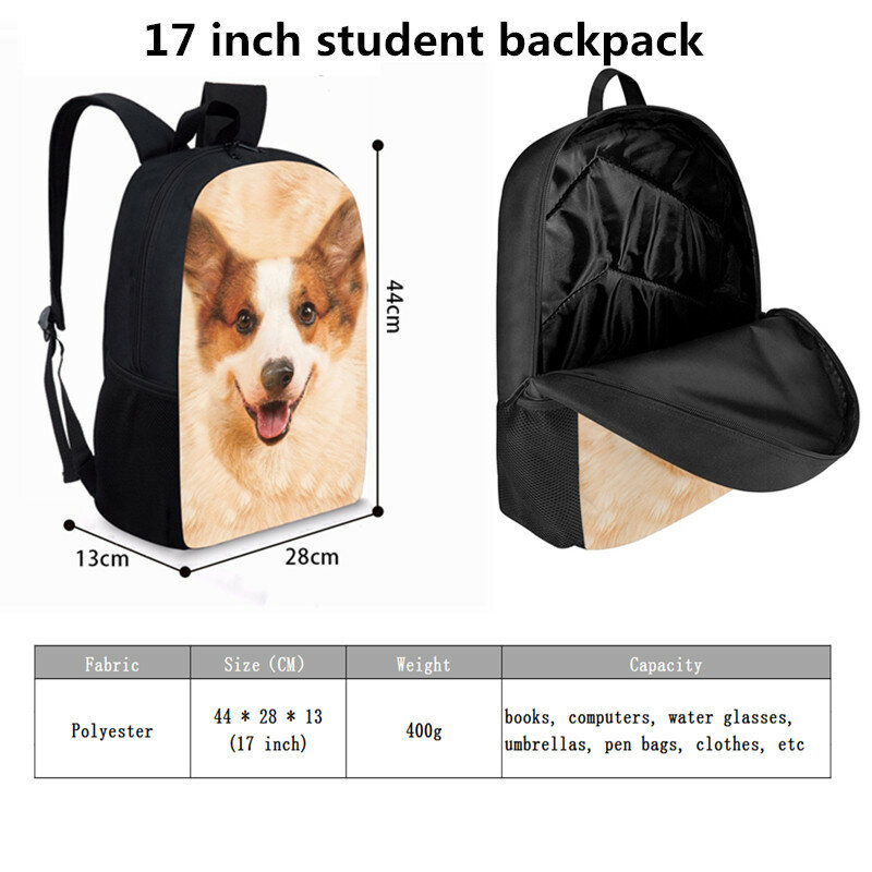 Jackherelook filhote de cachorro padrão 3d impressão saco de escola para meninos sacos de livro crianças meninas saco de viagem ocasional adolescente 17 polegada mochila escolar