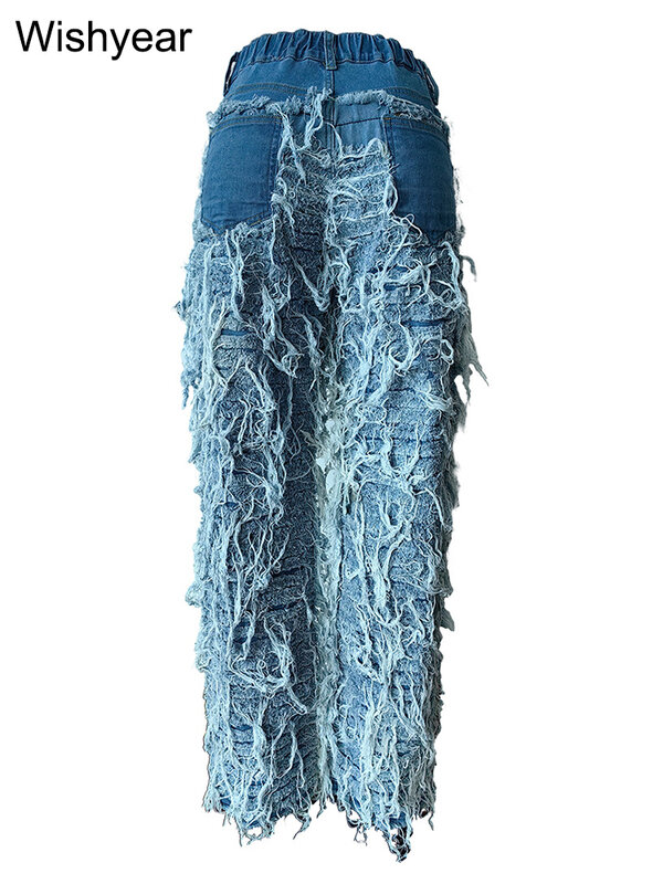Модные уличные рваные джинсы с бахромой для женщин, эластичные синие джинсовые брюки-карго, пикантные мешковатые брюки-бойфренды для женщин