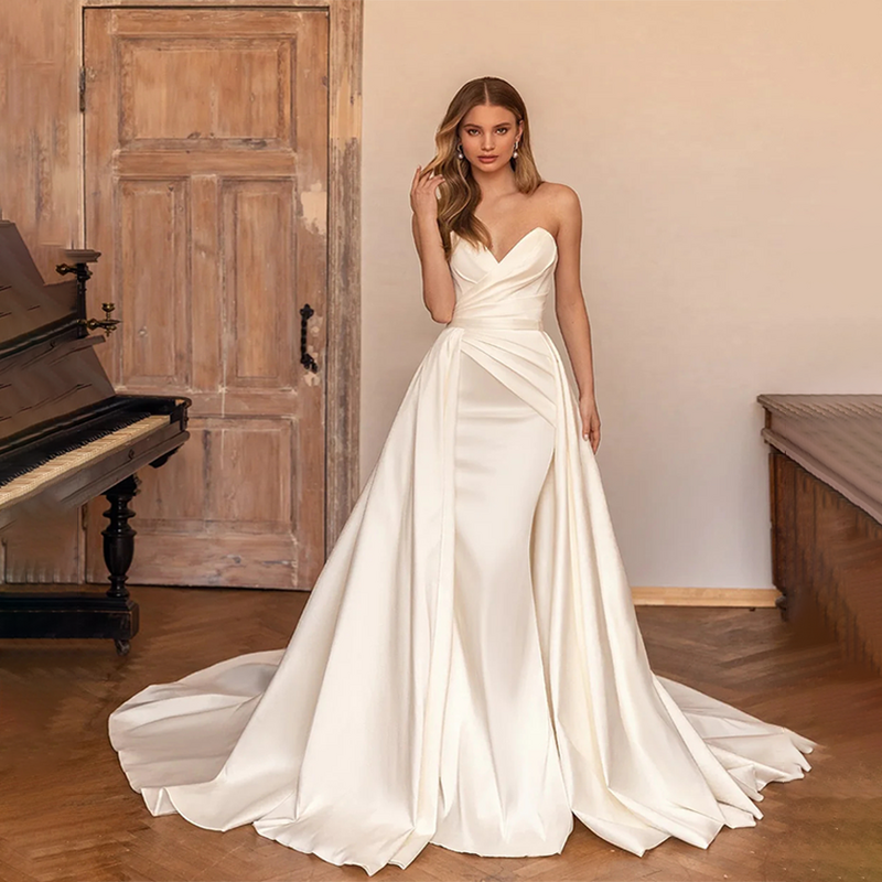 Luxury Sweetheart Mermaid Satin Wedding Dress Detachable Skirt Backless And Zipper  Woman Evening Dress For Wedding