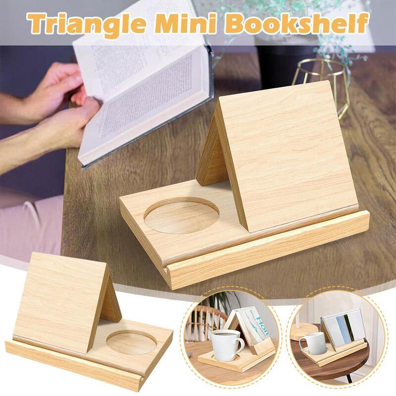 Support de livre en bois, petite étagère triangulaire avec porte-gobelet, mini support de livre court en bois, bibliothèque simple, pièce maîtresse