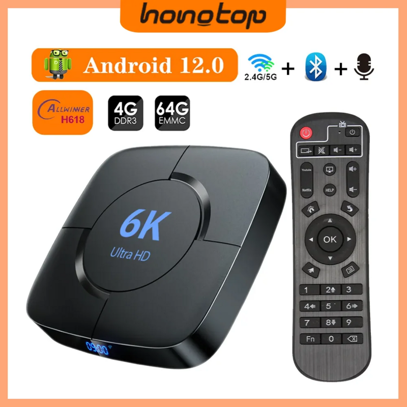 HONGTOP TV Box pintar, Android 12 4GB 32GB 64GB 2.4G/5GHz Wifi Bluetooth Android TV Box 6K HDR Media Player 3D Video Set Top Box