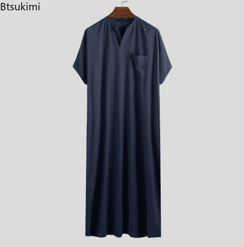 Nowy 2024 męski islamski arabski Kaftan Vintage jednolita, krótka rękaw luźna w stylu Retro szaty Abaya Dubai bliskowschodni odzież dla muzułmanów S-5XL
