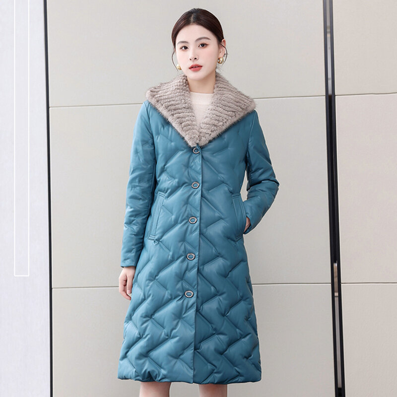 새로운 여성 겨울 가죽 다운 코트 패션 따뜻한 밍크 퍼 칼라 롱 양가죽 다운 코트 스플릿 가죽 캐주얼 두꺼운 오버코트