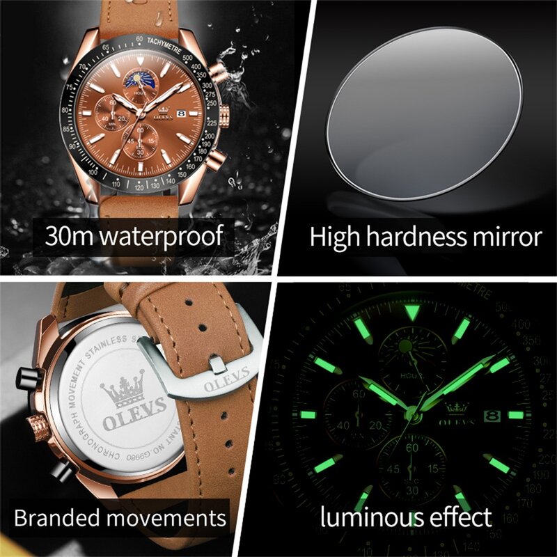 OLEVS 남성용 패션 가죽 크로노그래프 쿼츠 시계, 방수 발광 날짜, 최고 브랜드 럭셔리 손목 시계