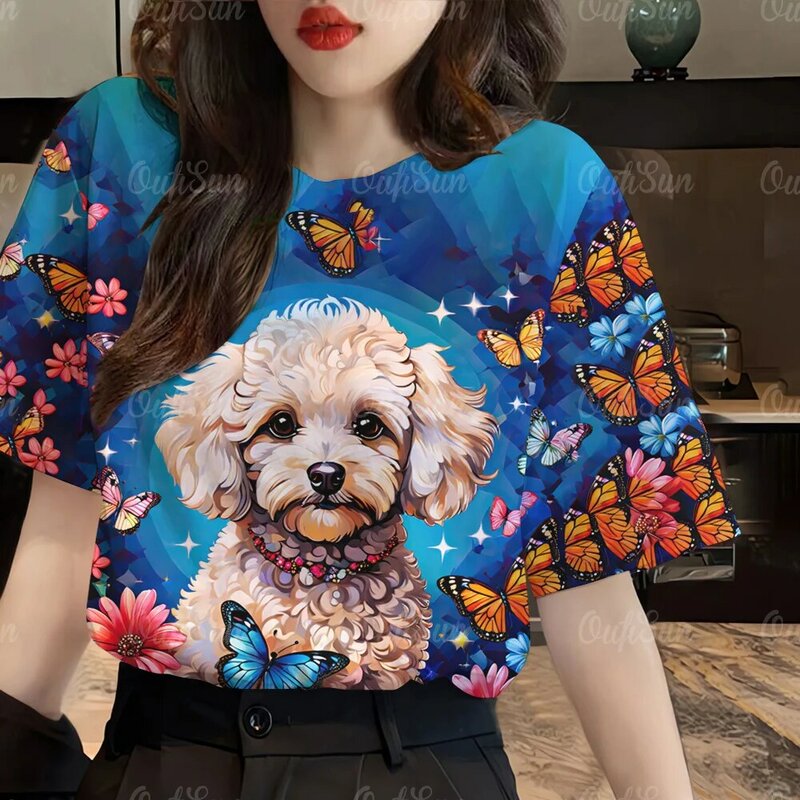 เสื้อยืดคอกลมสำหรับผู้หญิงเสื้อพิมพ์ลาย3D สุนัขเสื้อสร้อยคอผู้หญิงแฟชั่นแขนสั้นขนาดใหญ่พิเศษสำหรับฤดูร้อน