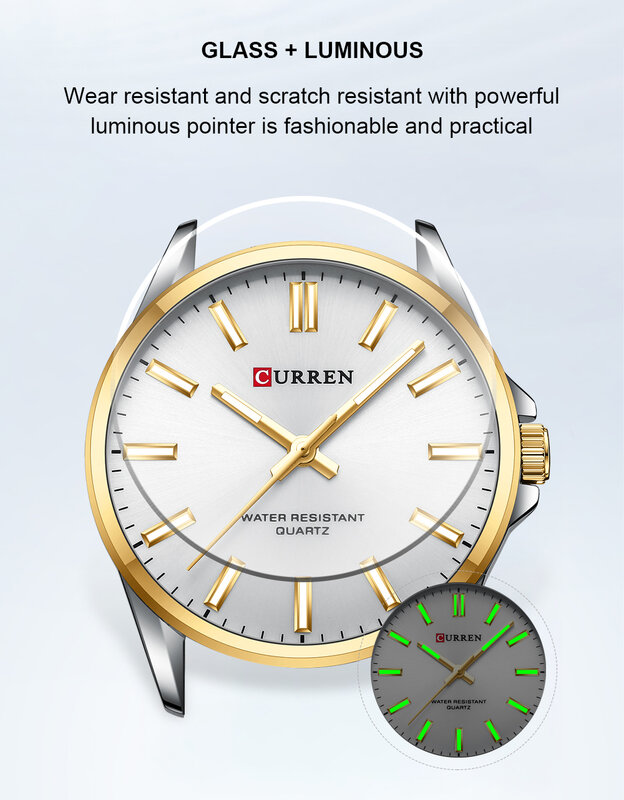 CURREN-Relógios quartzo para amantes, pulseira de aço inoxidável, ponteiros luminosos, simples e clássicos, marca elegante
