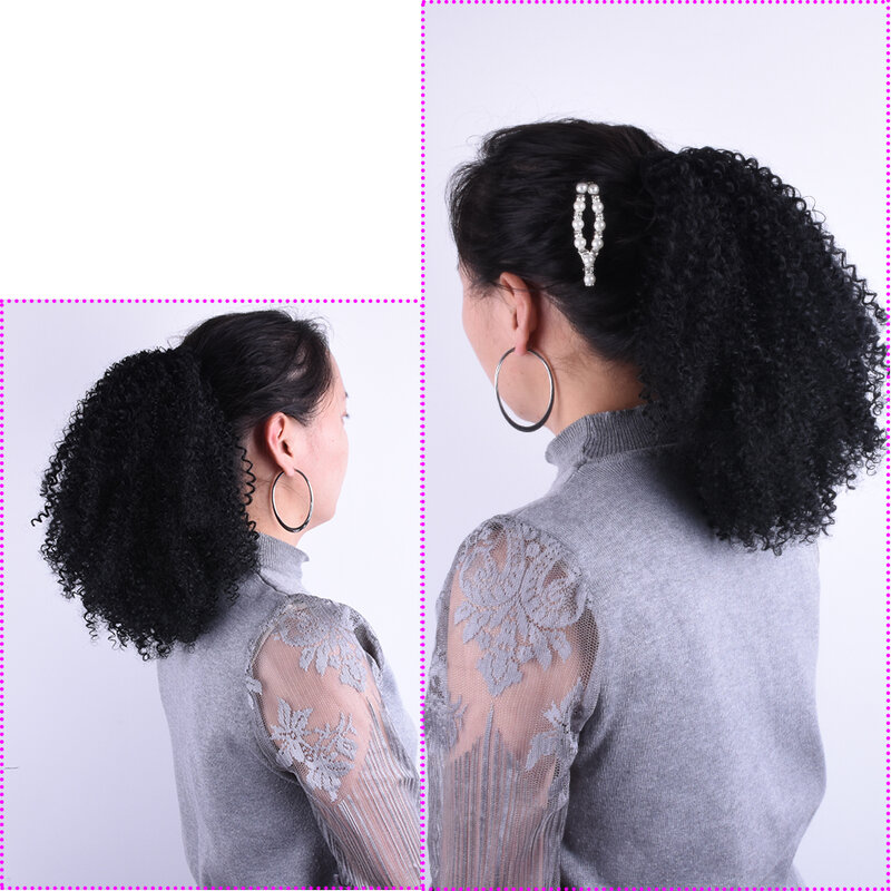 Extensión de cabello sintético corto Afro Puff Kinky Curly con cordón para mujeres negras, postizo falso con dos Clips