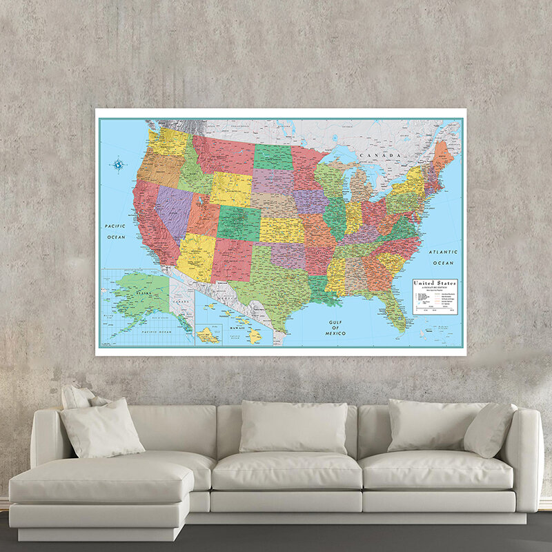 100*70cm Retro American Administrative Map Prints Non-woven Fabric Art Pictures Room Decoration School Supplies In English