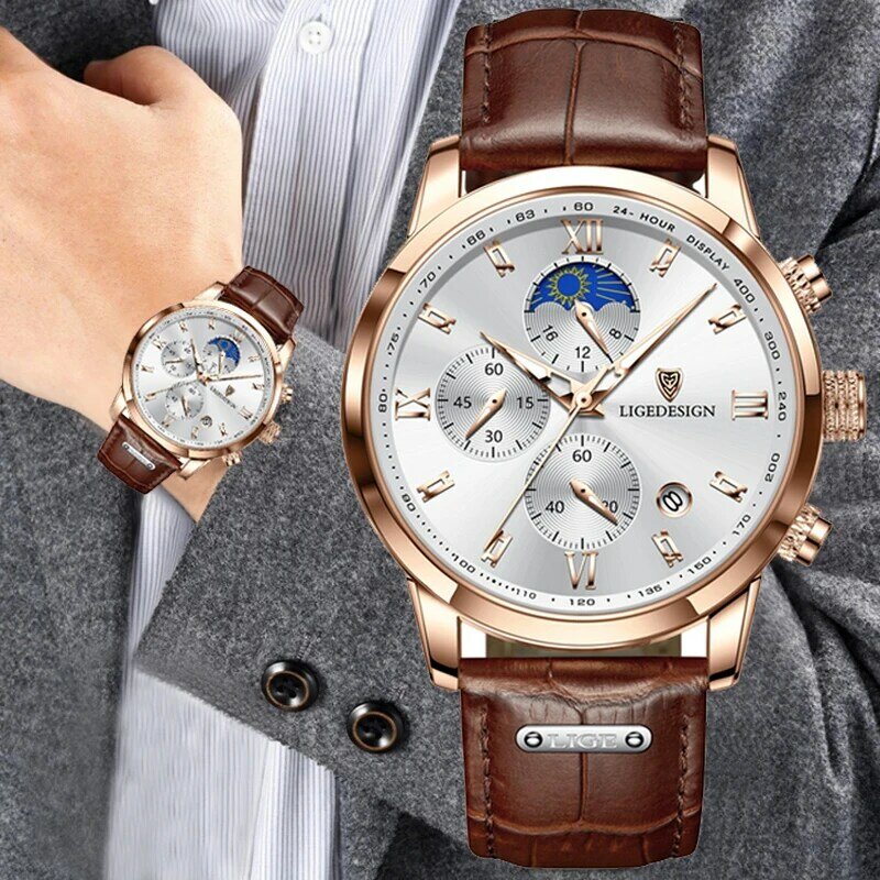 LIGE Casual Jam Tangan Sport สำหรับชายแบรนด์หรูนาฬิกาข้อมือหนังนาฬิกาผู้ชายนาฬิกาแฟชั่นนาฬิกาข้อมือ Chronograph