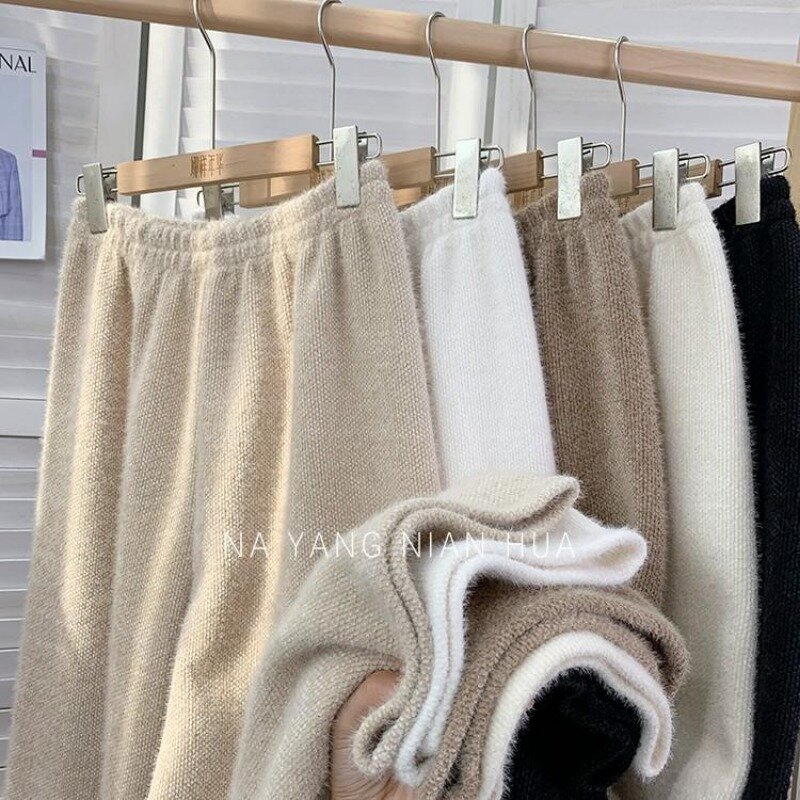 Large Size Women's Knitted Wide Leg Pants Women's Autumn and Winter High Waisted Loose and Versatile Straight Leg Casual Pants