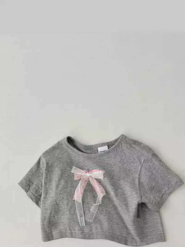 Новинка лета 2024, милые футболки с бантом для маленьких девочек, Модная хлопковая футболка с коротким рукавом для маленьких девочек, Милая Кружевная футболка, Детские повседневные топы для малышей
