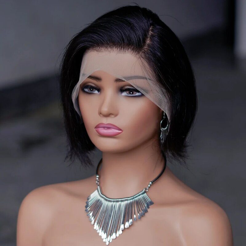Perruque Bob Lace Front Wig naturelle brésilienne, cheveux courts, noire, 13x4, pre-plucked, couches, partie latérale, pour femmes