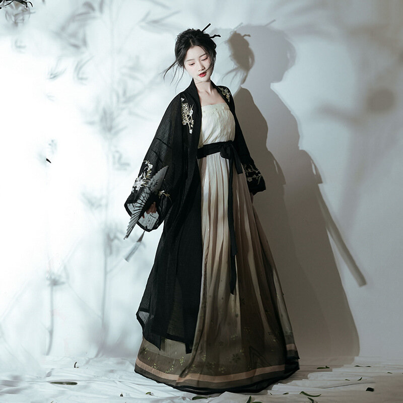 Hanfu[Blue smoke]Song style double breasted long shirt, hundred fold skirt, Han element daily  style