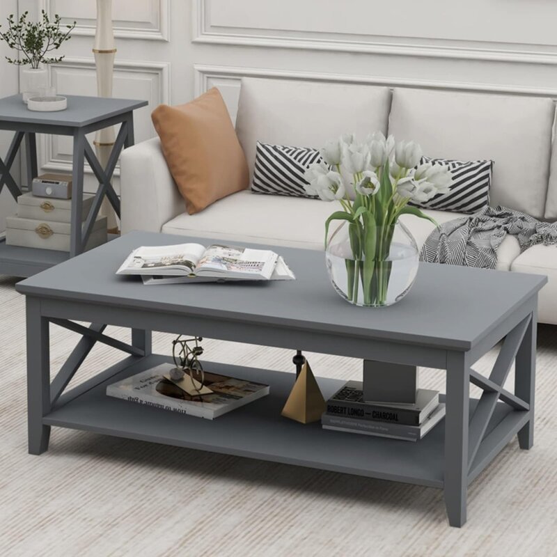 Coffee Table Classic X Design for Living Room 39 Inch Rectangular Modern Cocktail Table With Storage Shelf Furniture Dining Side
